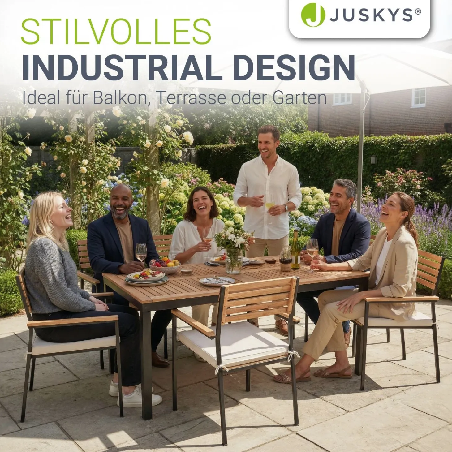 Akazienholz Gartengarnitur Rhodos Gartenmöbel Sitzgruppe im industrial Design inkl. Kissen
