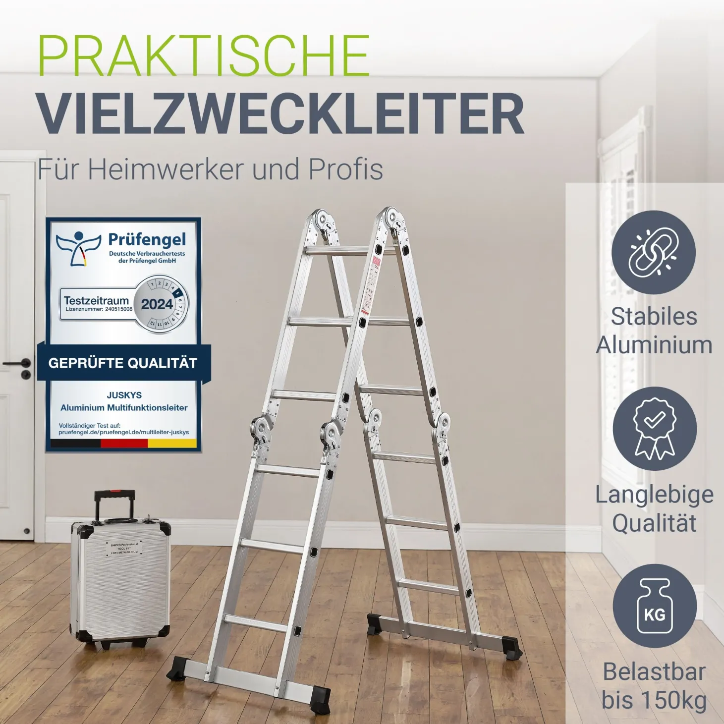 Aluminium Multifunktionsleiter Leiter mit 4 klappbaren Elementen, 6 Gelenke & Anti-Rutsch-Profil