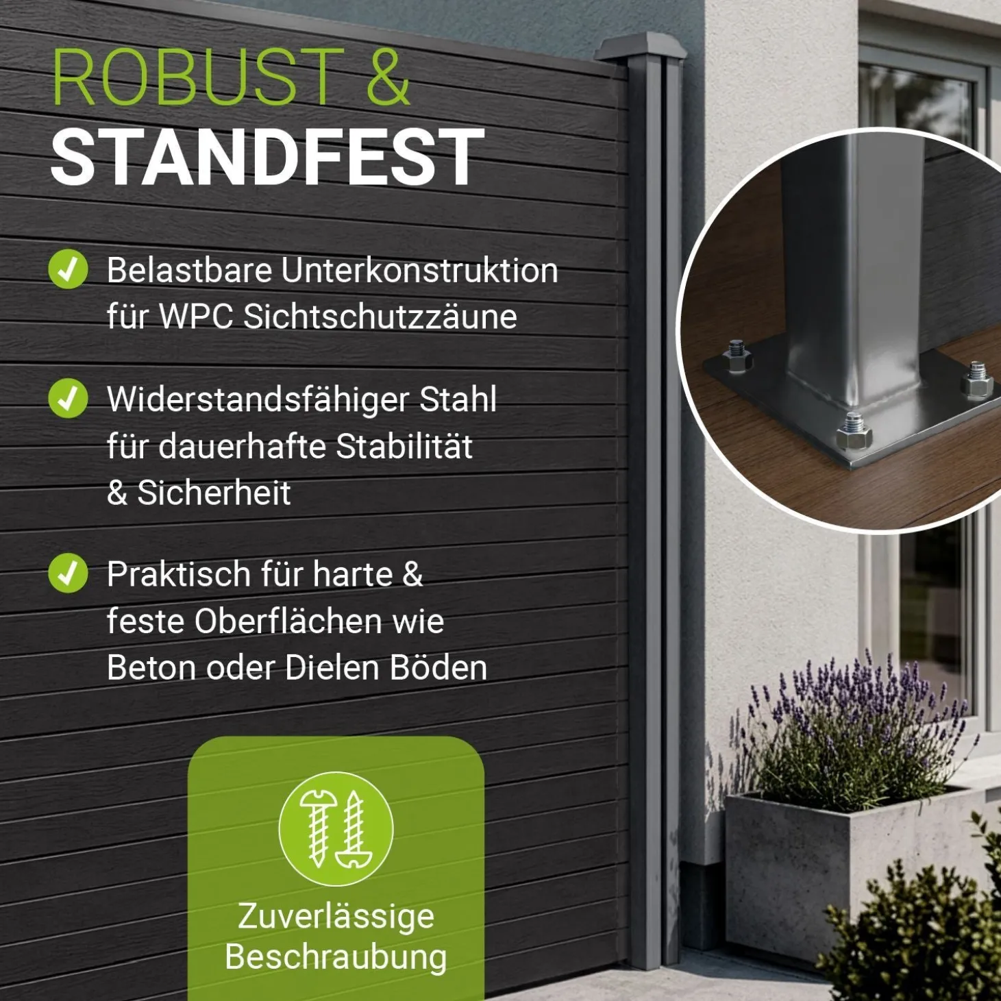 Aufschraubhülse für WPC Zaunelemente Pfostenträger für WPC Terrassendielen im Garten