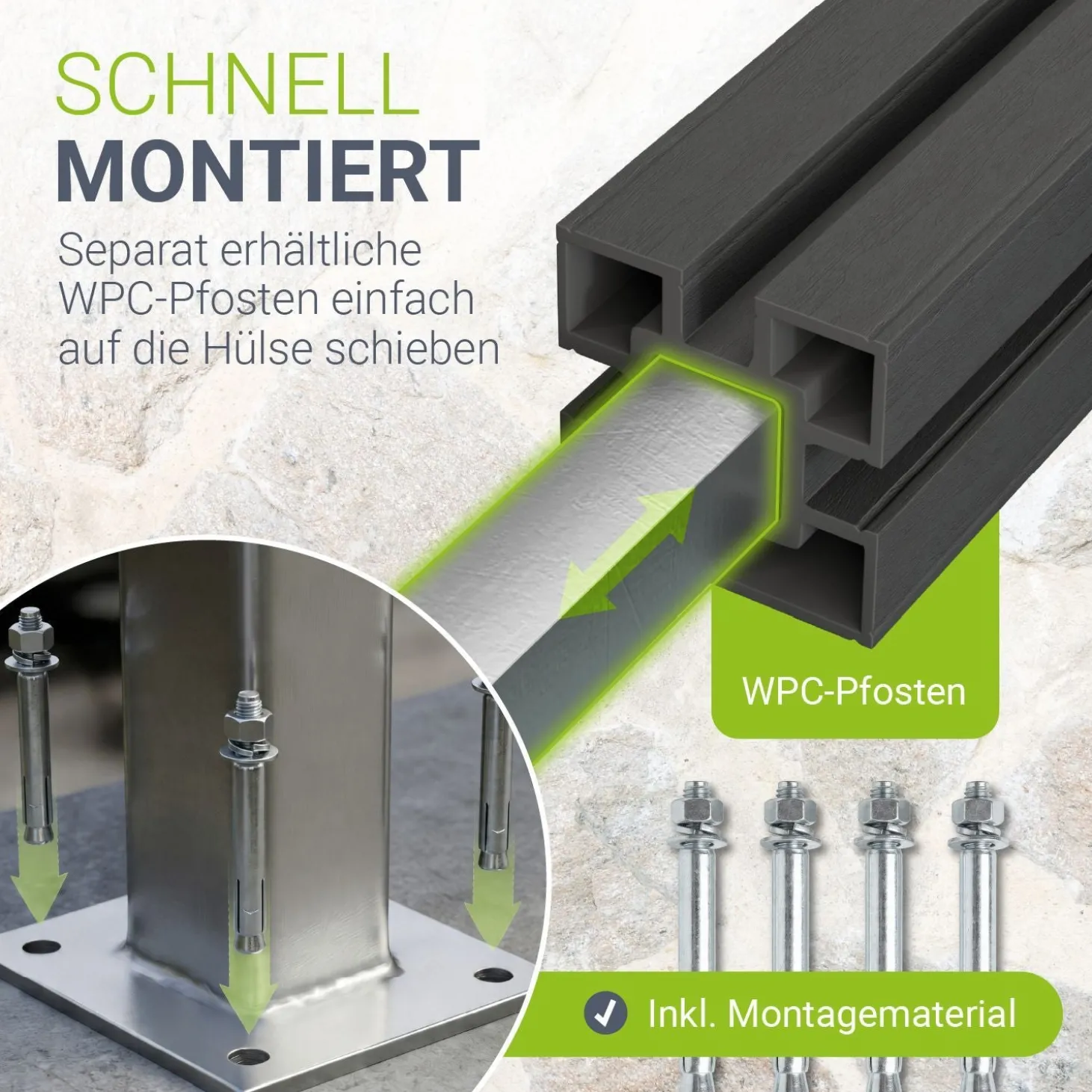 Aufschraubhülse für WPC Zaunelemente Pfostenträger für WPC Terrassendielen im Garten