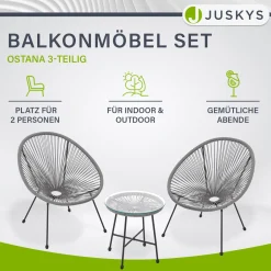 Balkonmöbel Set Ostana 3-teilig Platzsparende Sitzgruppe im Retro-Design mit Tisch & 2 Sesseln