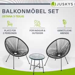 Balkonmöbel Set Ostana 3-teilig Platzsparende Sitzgruppe im Retro-Design mit Tisch & 2 Sesseln