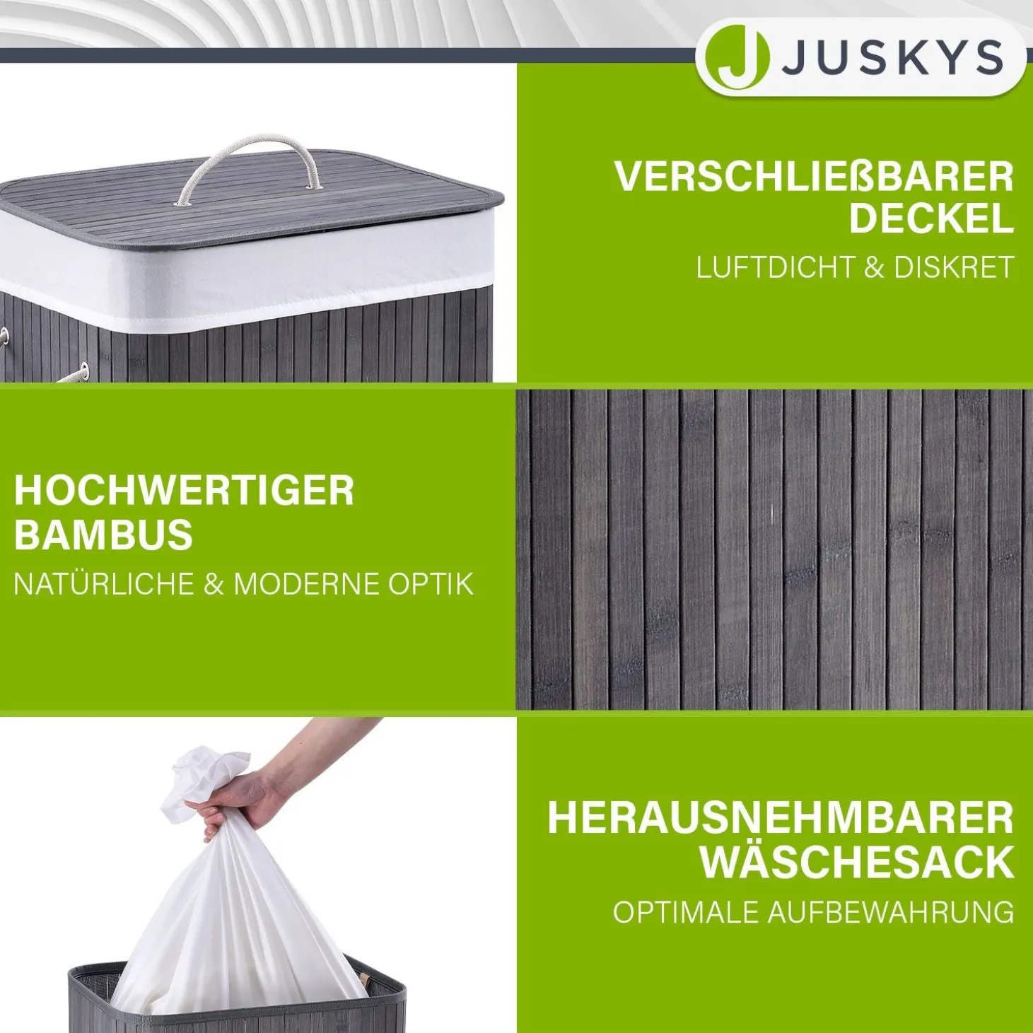 Bambus Wäschekorb Curly Mit Deckel, Tragegriff & Wäschesack aus Stoff
