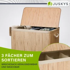 Bambus Wäschekorb Curly Mit Deckel, Tragegriff & Wäschesack aus Stoff