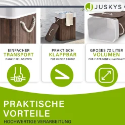 Bambus Wäschekorb Curly Mit Deckel, Tragegriff & Wäschesack aus Stoff