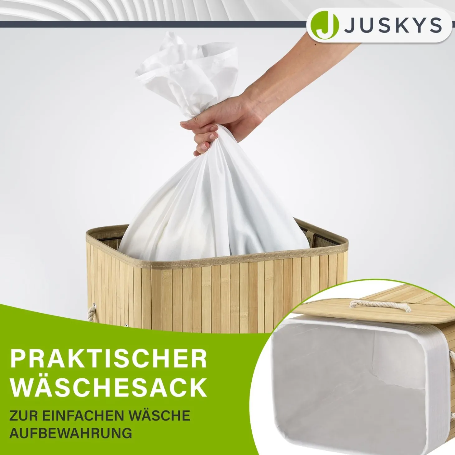 Bambus Wäschekorb Curly Mit Deckel, Tragegriff & Wäschesack aus Stoff