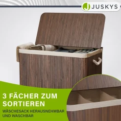 Bambus Wäschekorb Curly Mit Deckel, Tragegriff & Wäschesack aus Stoff