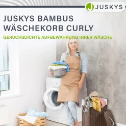 Bambus Wäschekorb Curly Mit Deckel, Tragegriff & Wäschesack aus Stoff