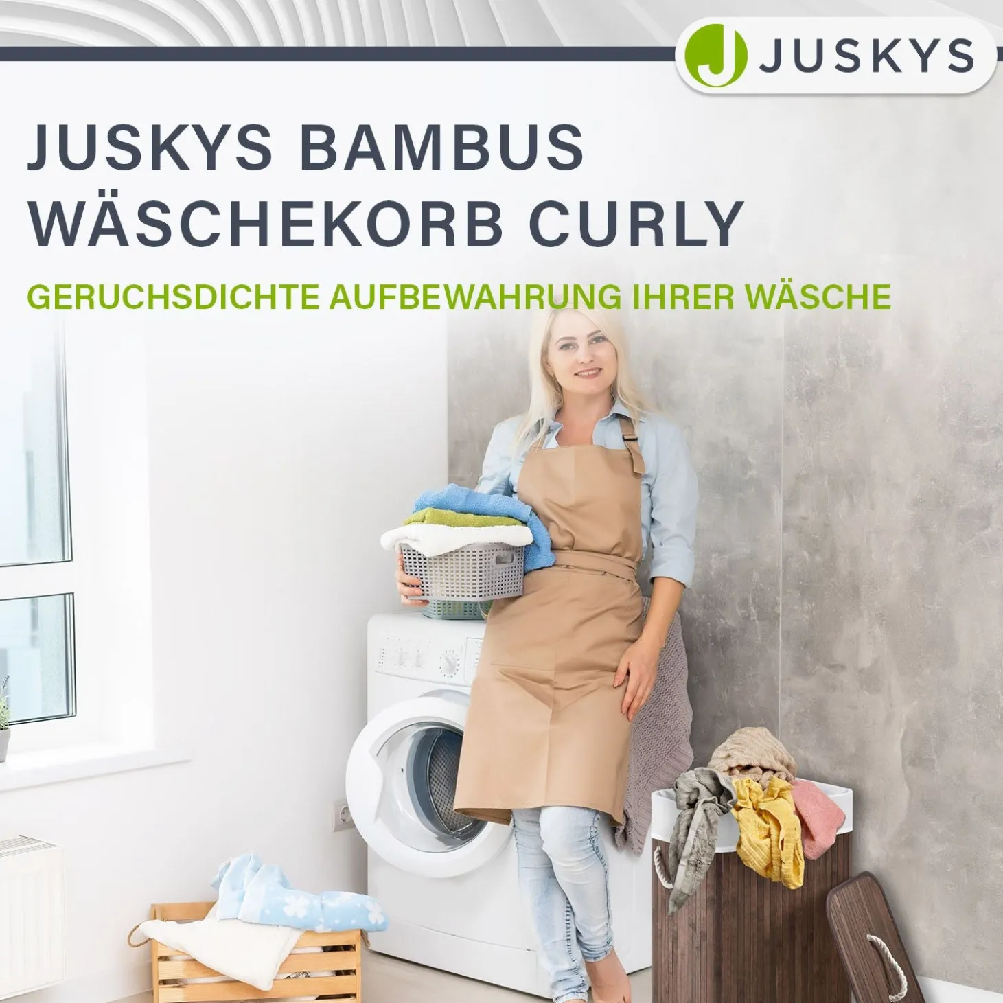 Bambus Wäschekorb Curly Mit Deckel, Tragegriff & Wäschesack aus Stoff