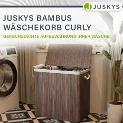 Bambus Wäschekorb Curly Mit Deckel, Tragegriff & Wäschesack aus Stoff