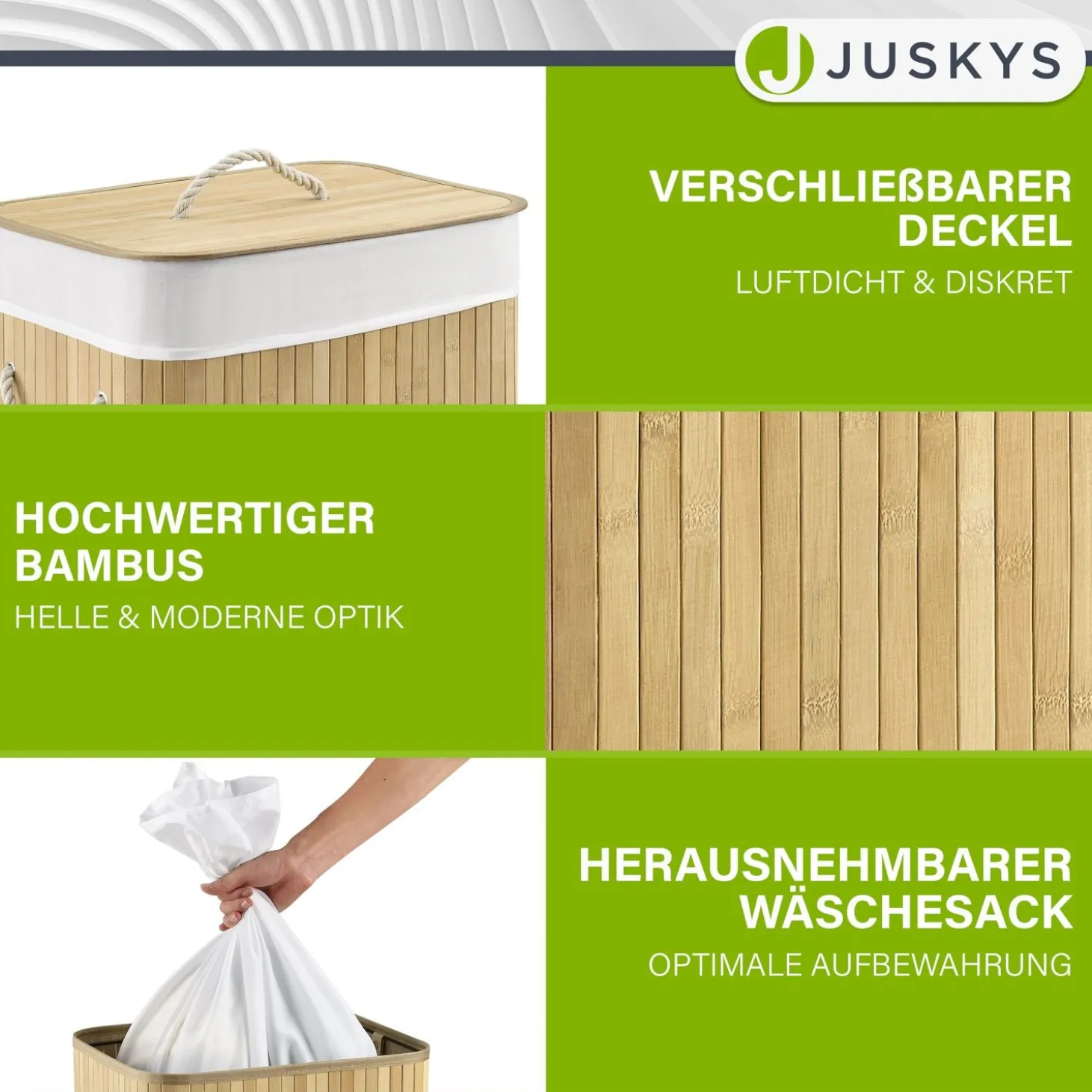 Bambus Wäschekorb Curly Mit Deckel, Tragegriff & Wäschesack aus Stoff