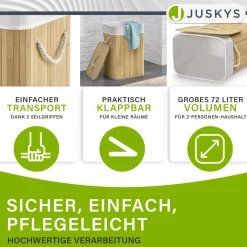Bambus Wäschekorb Curly Mit Deckel, Tragegriff & Wäschesack aus Stoff
