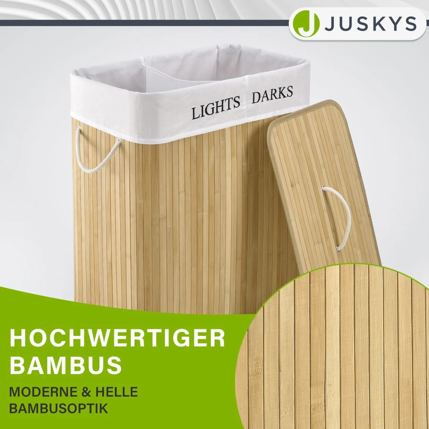 Bambus Wäschekorb Curly Mit Deckel, Tragegriff & Wäschesack aus Stoff