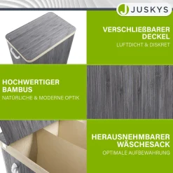 Bambus Wäschekorb Curly Mit Deckel, Tragegriff & Wäschesack aus Stoff