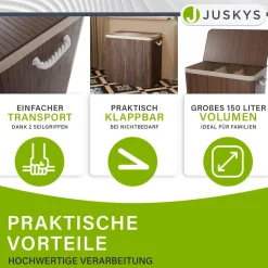 Bambus Wäschekorb Curly Mit Deckel, Tragegriff & Wäschesack aus Stoff