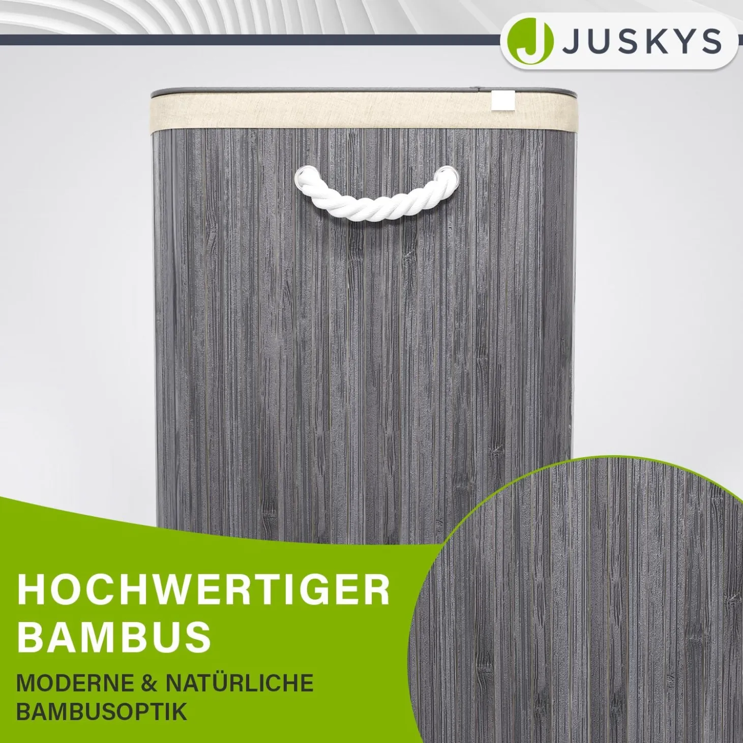 Bambus Wäschekorb Curly Mit Deckel, Tragegriff & Wäschesack aus Stoff