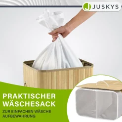 Bambus Wäschekorb Curly Mit Deckel, Tragegriff & Wäschesack aus Stoff