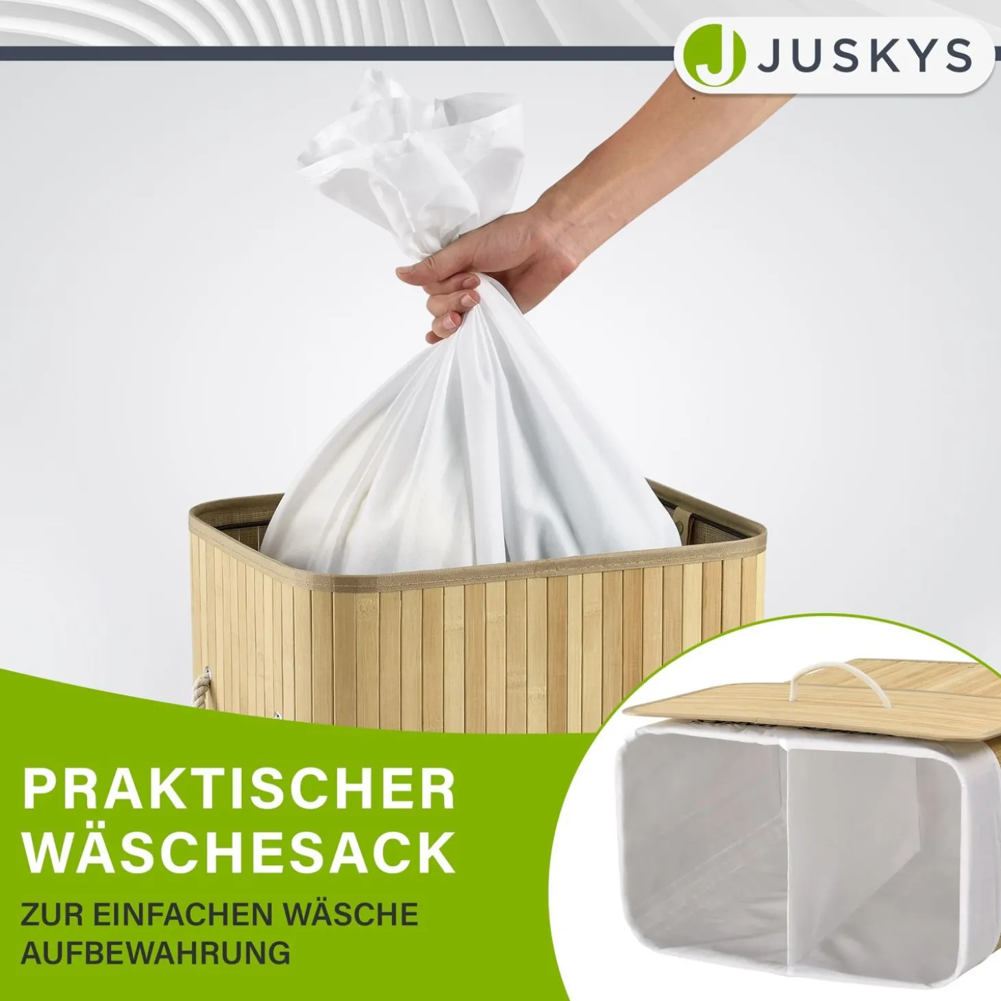 Bambus Wäschekorb Curly Mit Deckel, Tragegriff & Wäschesack aus Stoff