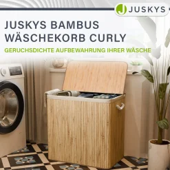 Bambus Wäschekorb Curly Mit Deckel, Tragegriff & Wäschesack aus Stoff