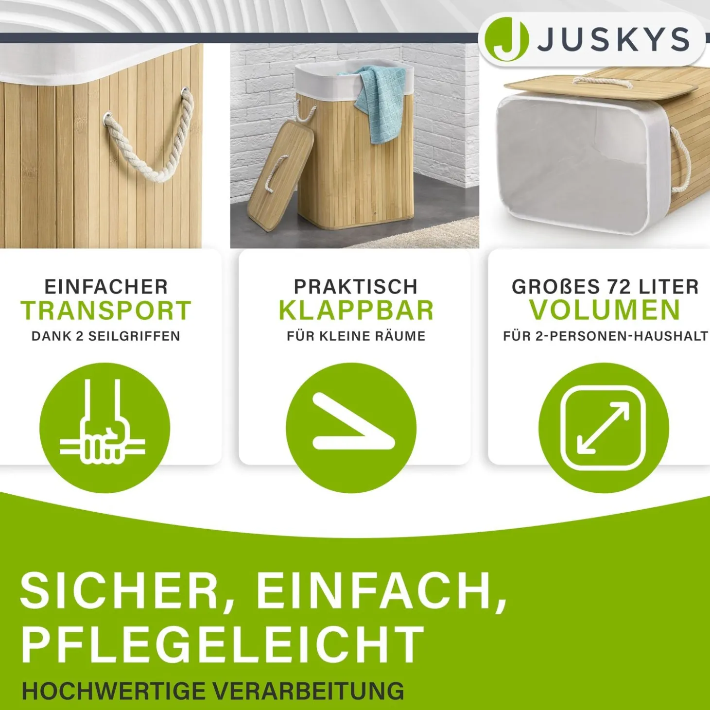 Bambus Wäschekorb Curly Mit Deckel, Tragegriff & Wäschesack aus Stoff