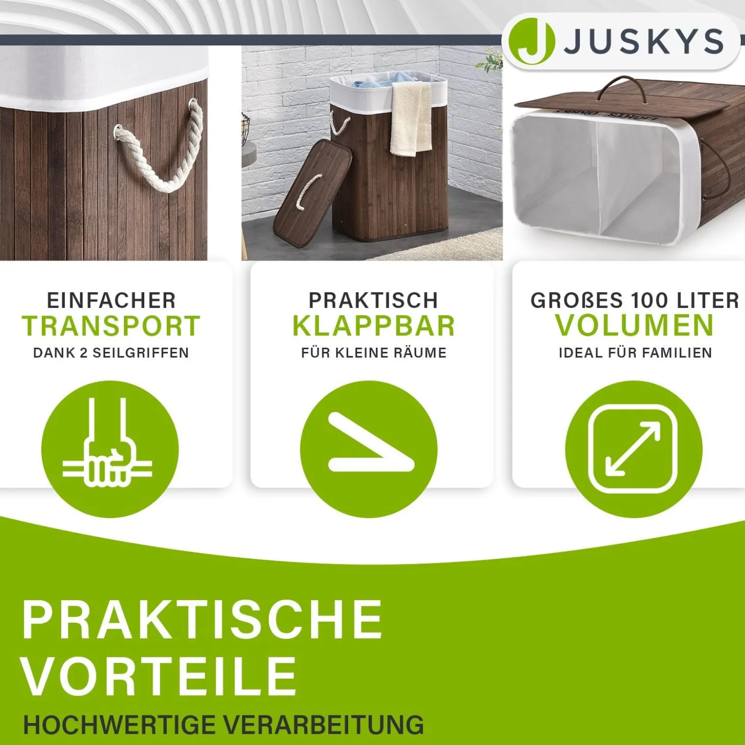 Bambus Wäschekorb Curly Mit Deckel, Tragegriff & Wäschesack aus Stoff