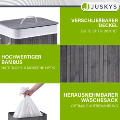 Bambus Wäschekorb Curly Mit Deckel, Tragegriff & Wäschesack aus Stoff