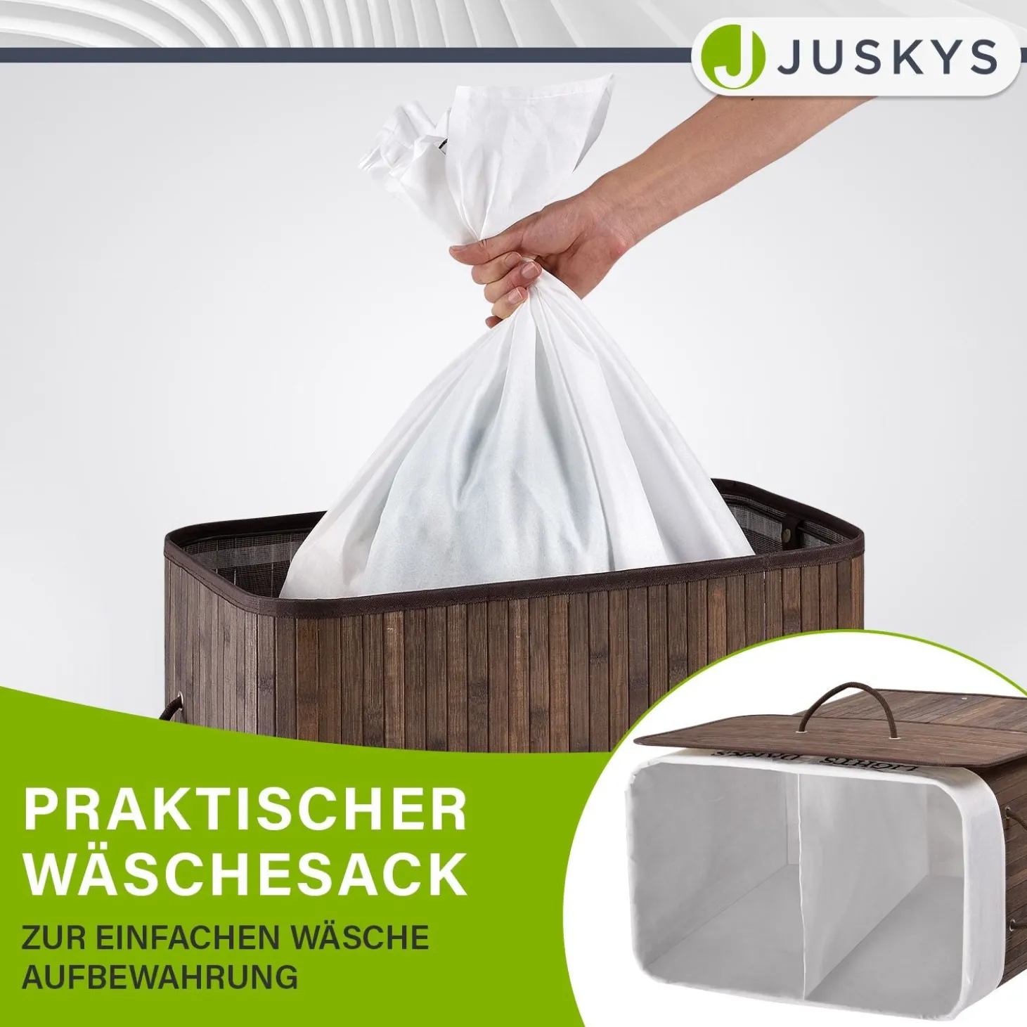 Bambus Wäschekorb Curly Mit Deckel, Tragegriff & Wäschesack aus Stoff