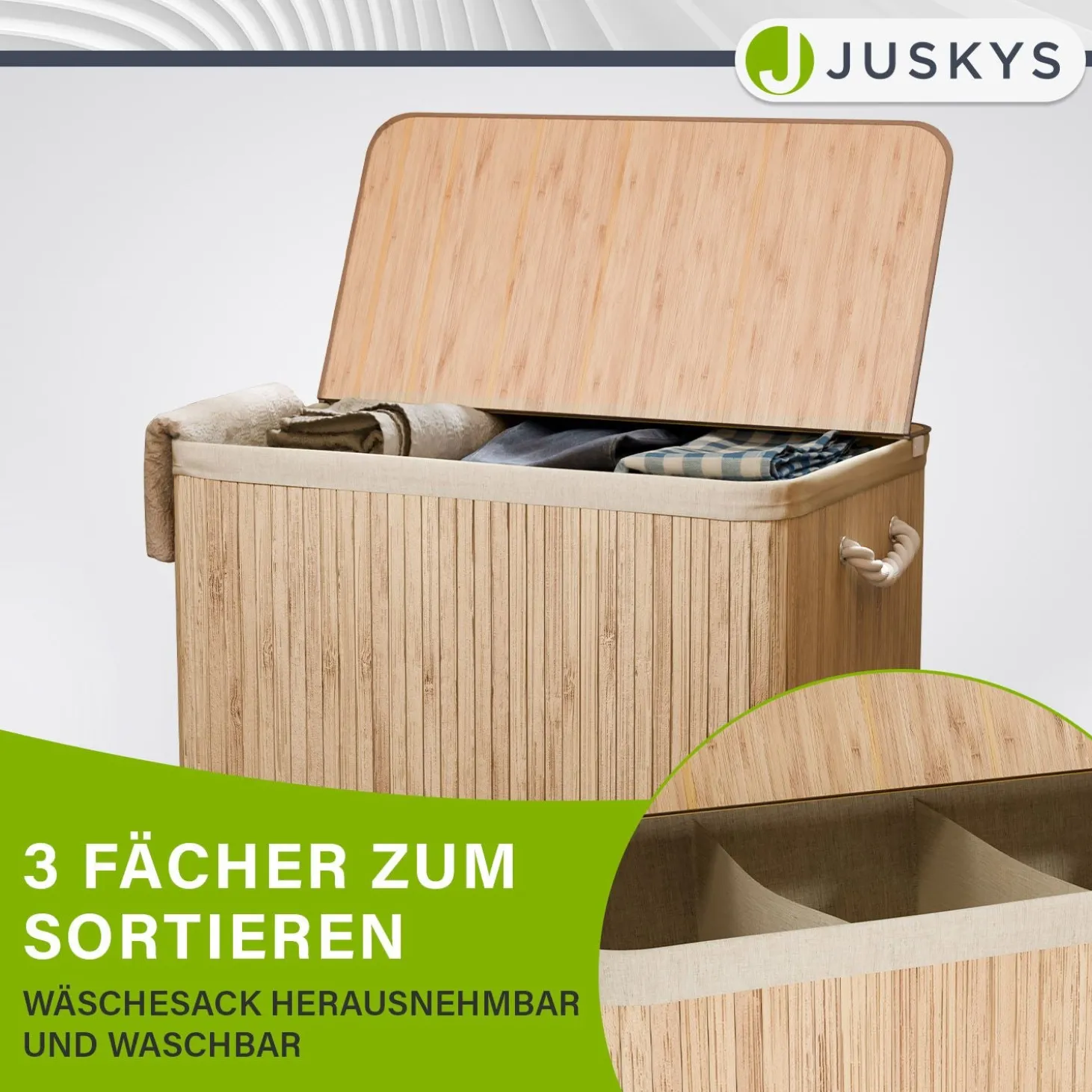 Bambus Wäschekorb Curly Mit Deckel, Tragegriff & Wäschesack aus Stoff