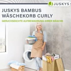 Bambus Wäschekorb Curly Mit Deckel, Tragegriff & Wäschesack aus Stoff