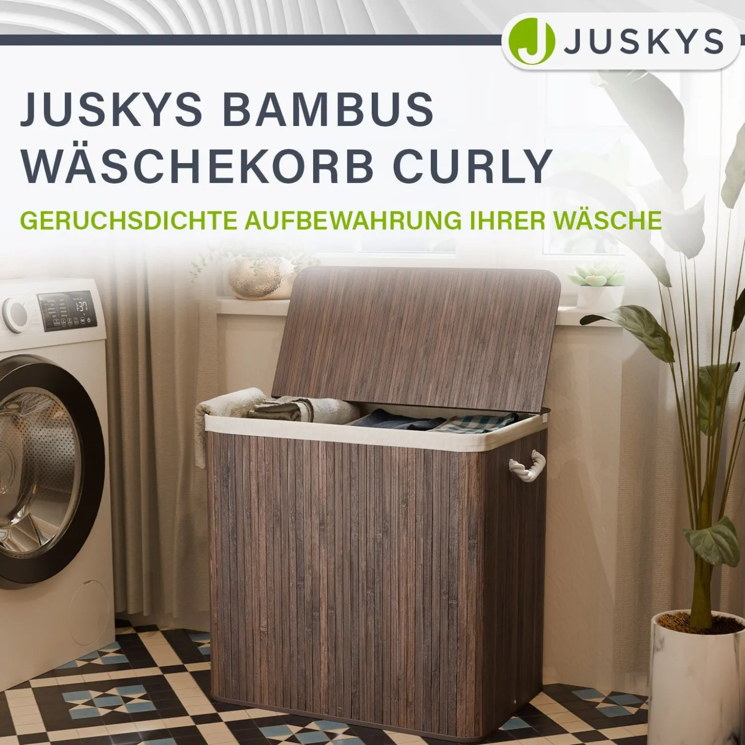 Bambus Wäschekorb Curly Mit Deckel, Tragegriff & Wäschesack aus Stoff