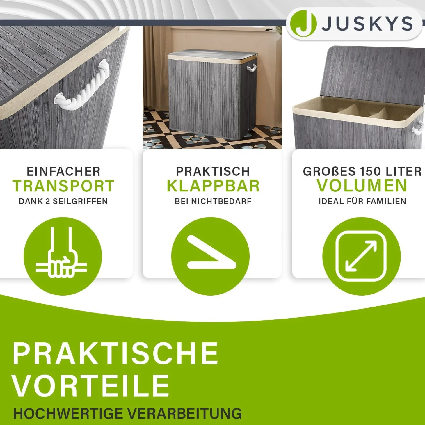 Bambus Wäschekorb Curly Mit Deckel, Tragegriff & Wäschesack aus Stoff