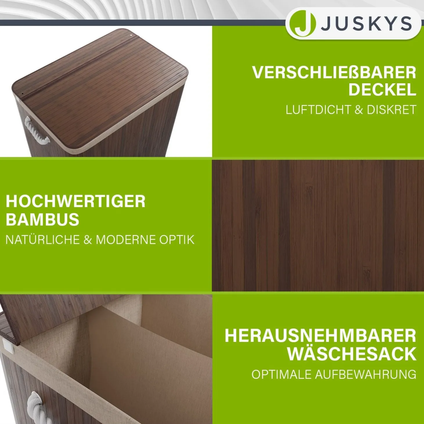 Bambus Wäschekorb Curly Mit Deckel, Tragegriff & Wäschesack aus Stoff