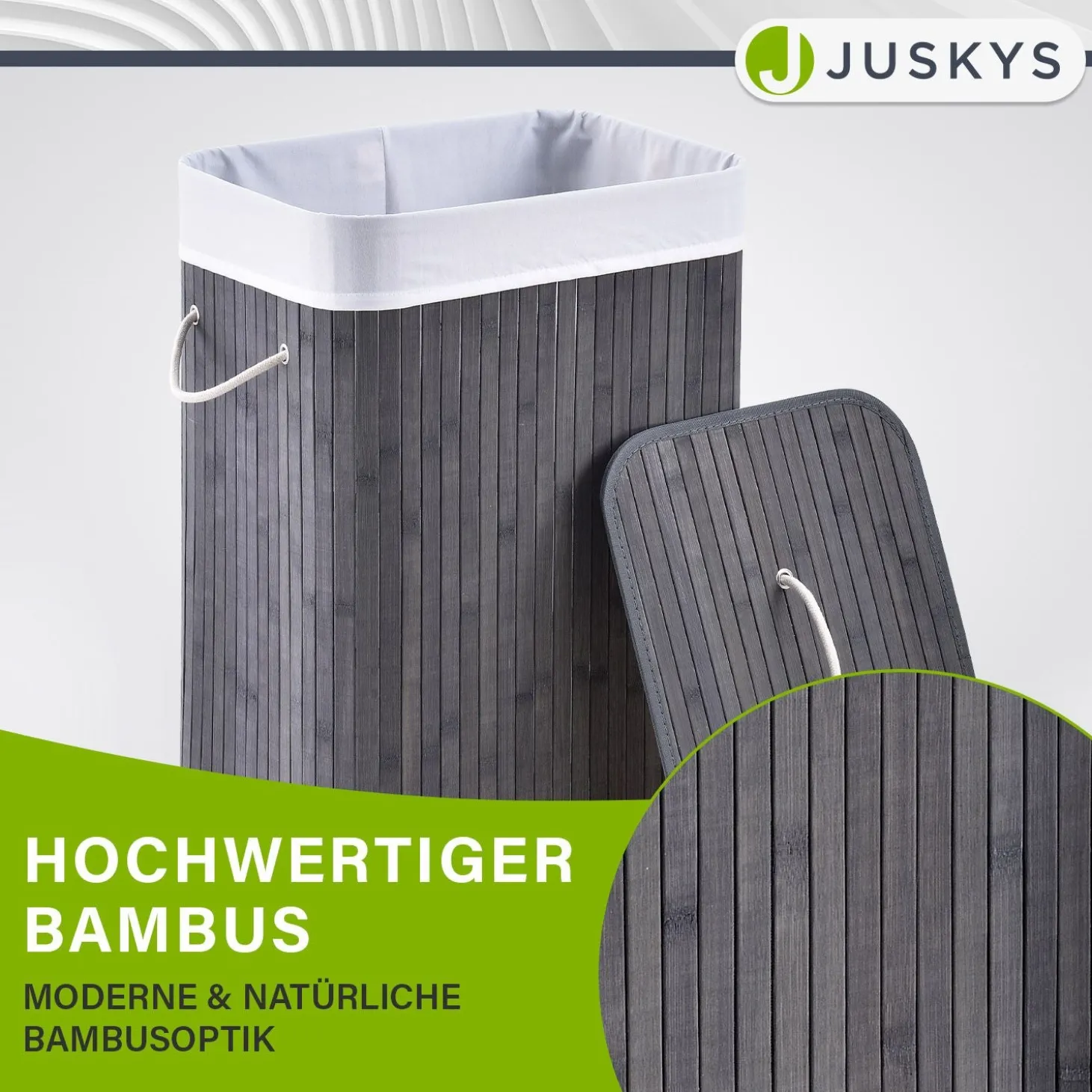 Bambus Wäschekorb Curly Mit Deckel, Tragegriff & Wäschesack aus Stoff