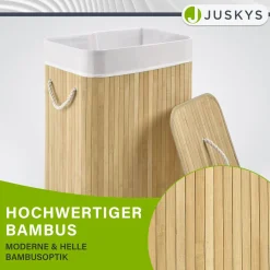 Bambus Wäschekorb Curly Mit Deckel, Tragegriff & Wäschesack aus Stoff