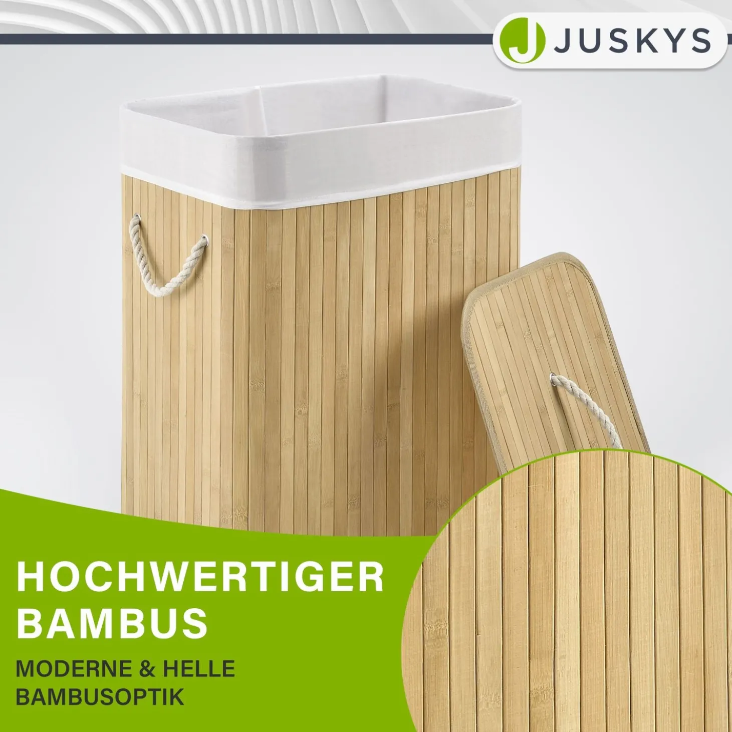 Bambus Wäschekorb Curly Mit Deckel, Tragegriff & Wäschesack aus Stoff