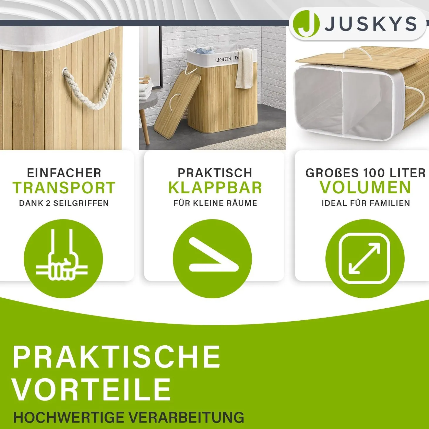 Bambus Wäschekorb Curly Mit Deckel, Tragegriff & Wäschesack aus Stoff
