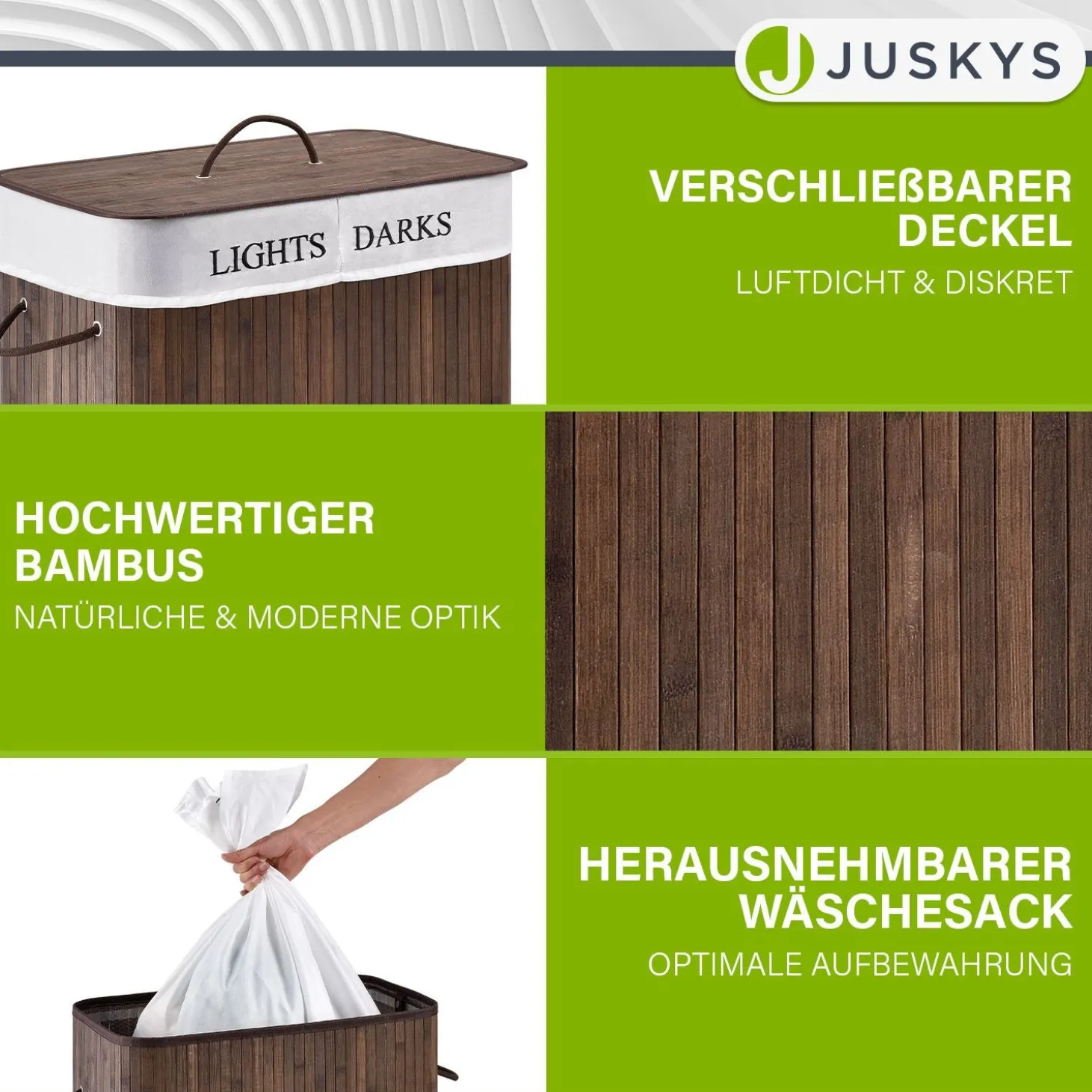 Bambus Wäschekorb Curly Mit Deckel, Tragegriff & Wäschesack aus Stoff