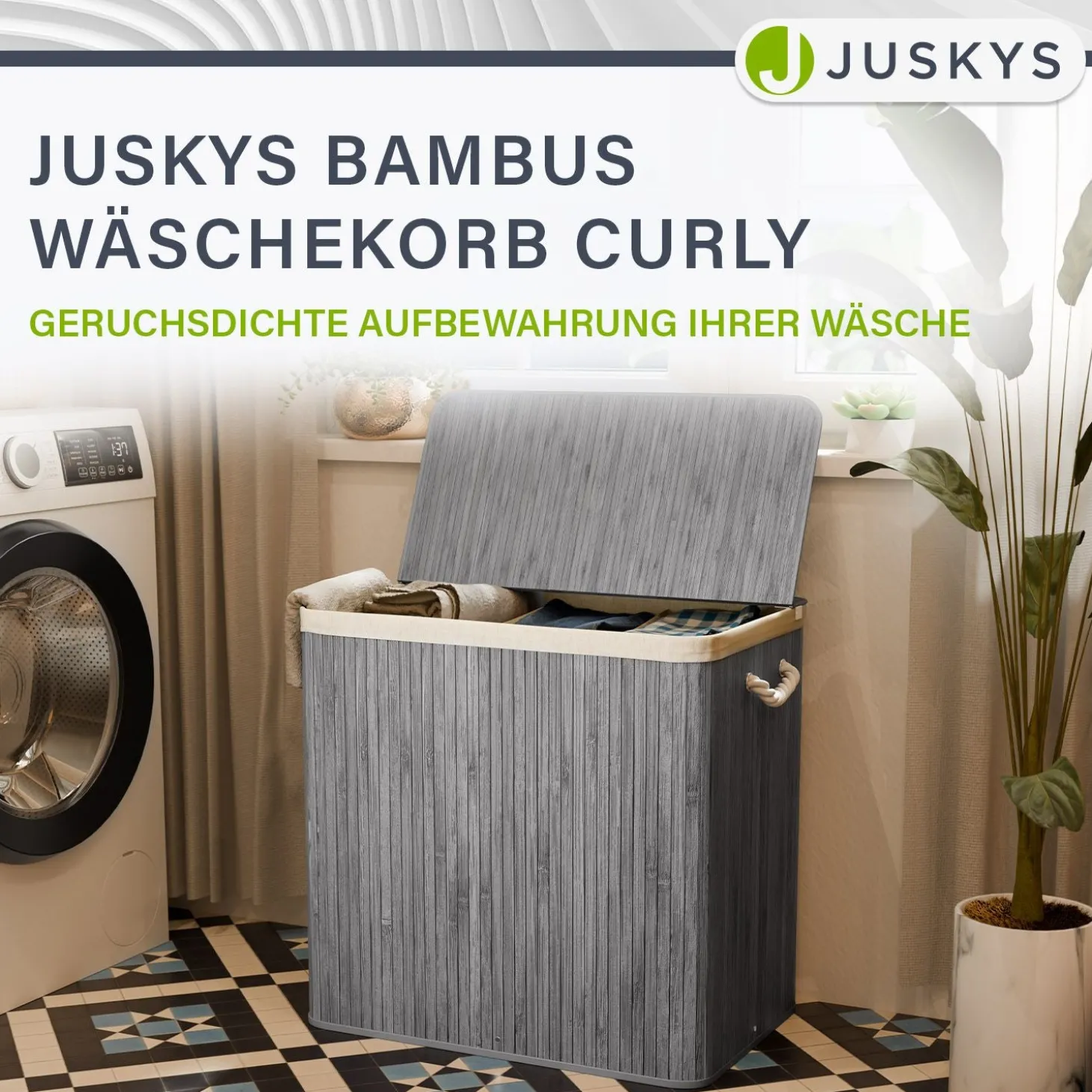 Bambus Wäschekorb Curly Mit Deckel, Tragegriff & Wäschesack aus Stoff