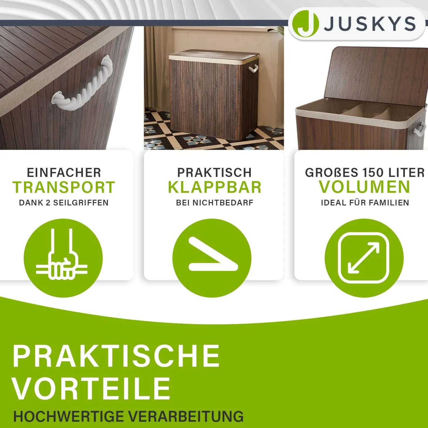 Bambus Wäschekorb Curly Mit Deckel, Tragegriff & Wäschesack aus Stoff