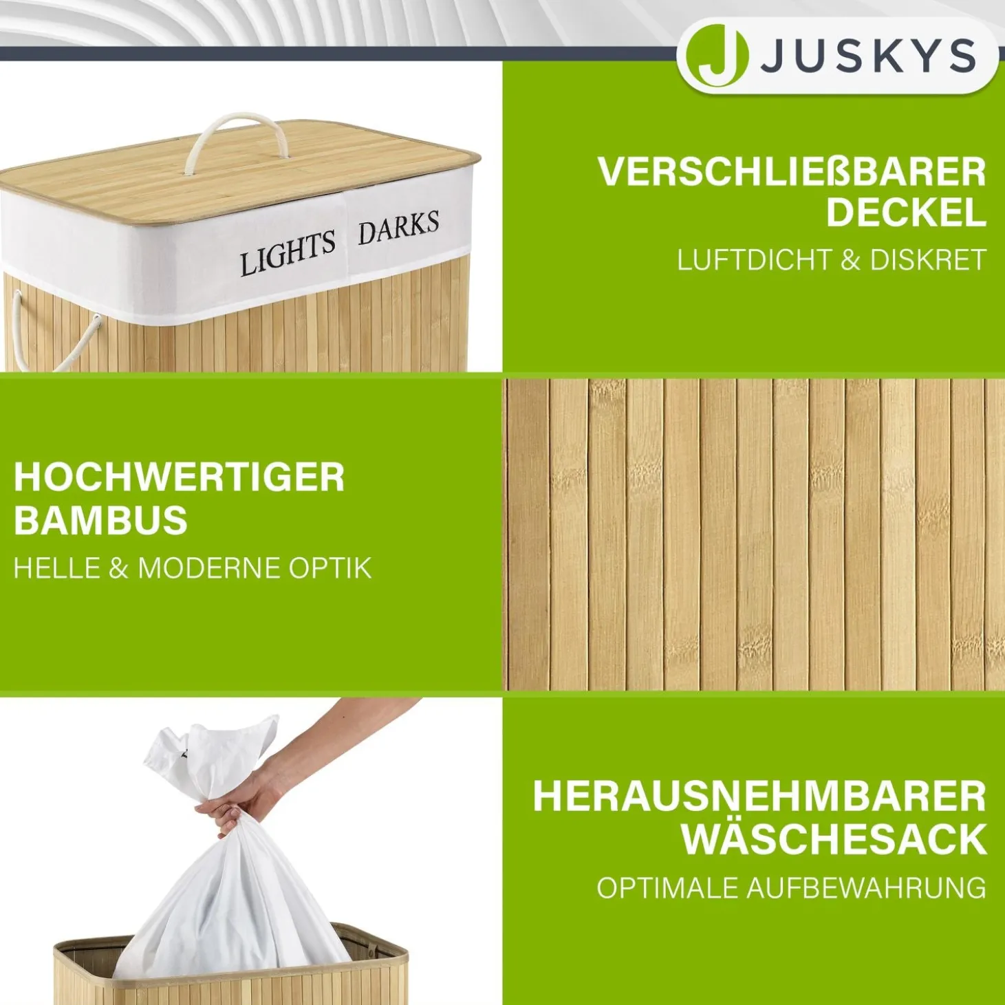 Bambus Wäschekorb Curly Mit Deckel, Tragegriff & Wäschesack aus Stoff
