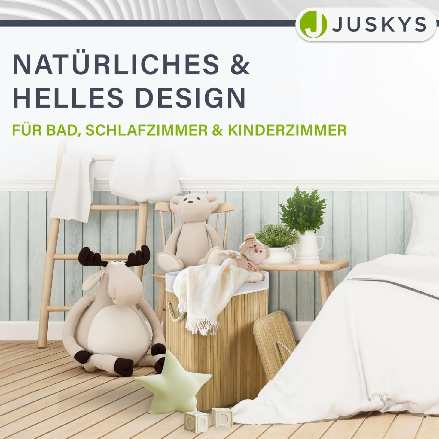 Bambus Wäschekorb Curly Mit Deckel, Tragegriff & Wäschesack aus Stoff