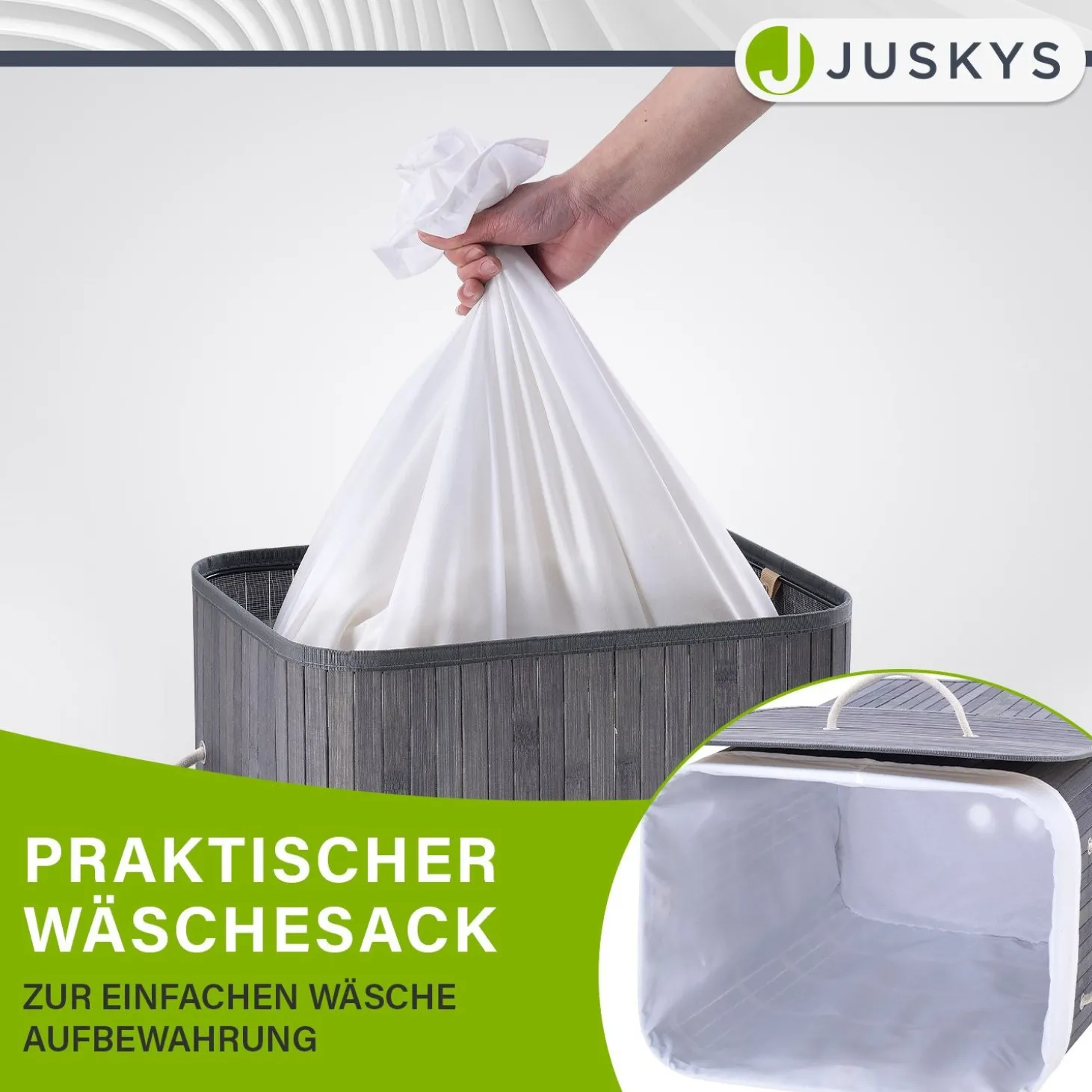 Bambus Wäschekorb Curly Mit Deckel, Tragegriff & Wäschesack aus Stoff
