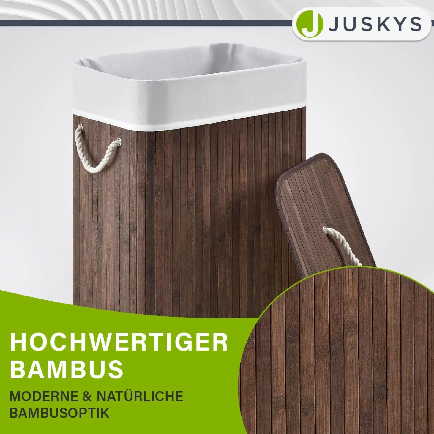 Bambus Wäschekorb Curly Mit Deckel, Tragegriff & Wäschesack aus Stoff