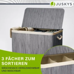 Bambus Wäschekorb Curly Mit Deckel, Tragegriff & Wäschesack aus Stoff