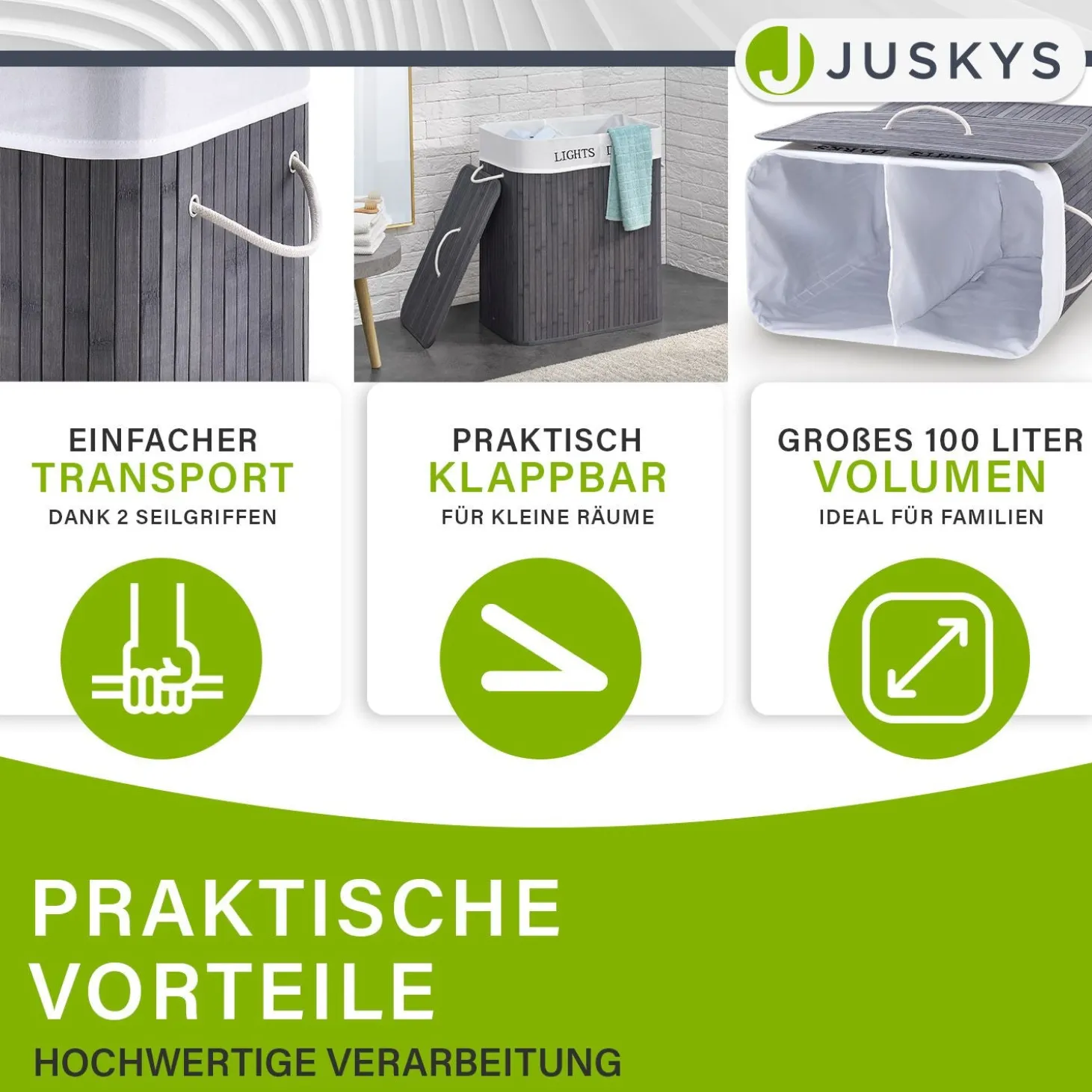 Bambus Wäschekorb Curly Mit Deckel, Tragegriff & Wäschesack aus Stoff