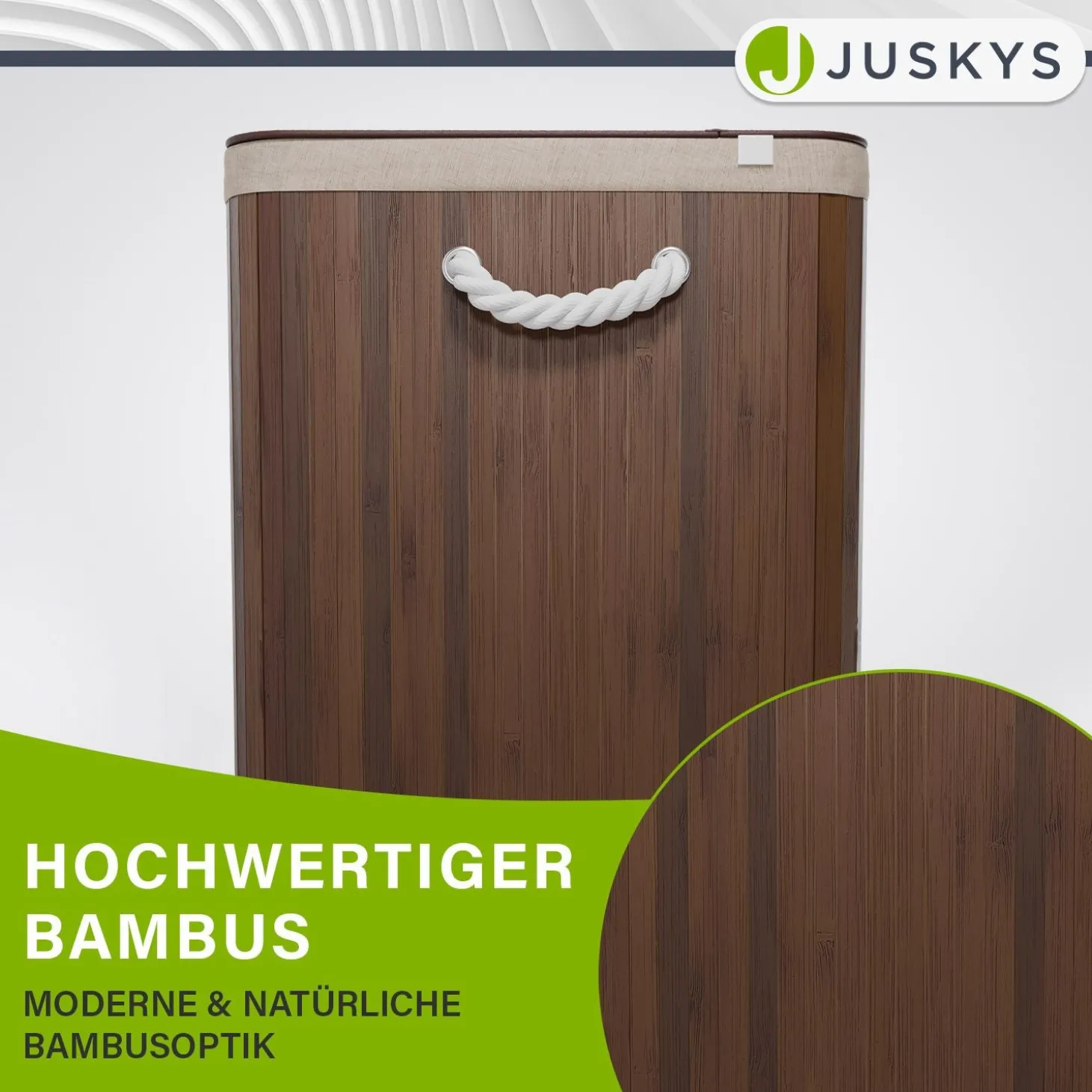 Bambus Wäschekorb Curly Mit Deckel, Tragegriff & Wäschesack aus Stoff