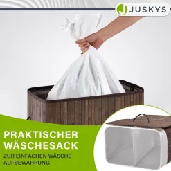 Bambus Wäschekorb Curly Mit Deckel, Tragegriff & Wäschesack aus Stoff