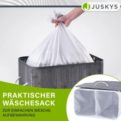 Bambus Wäschekorb Curly Mit Deckel, Tragegriff & Wäschesack aus Stoff