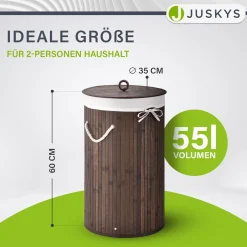 Bambus Wäschekorb Curly-Round 55 L Wäschekorb mit Deckel, Tragegriff & Stoff-Wäschesack