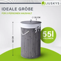 Bambus Wäschekorb Curly-Round 55 L Wäschekorb mit Deckel, Tragegriff & Stoff-Wäschesack